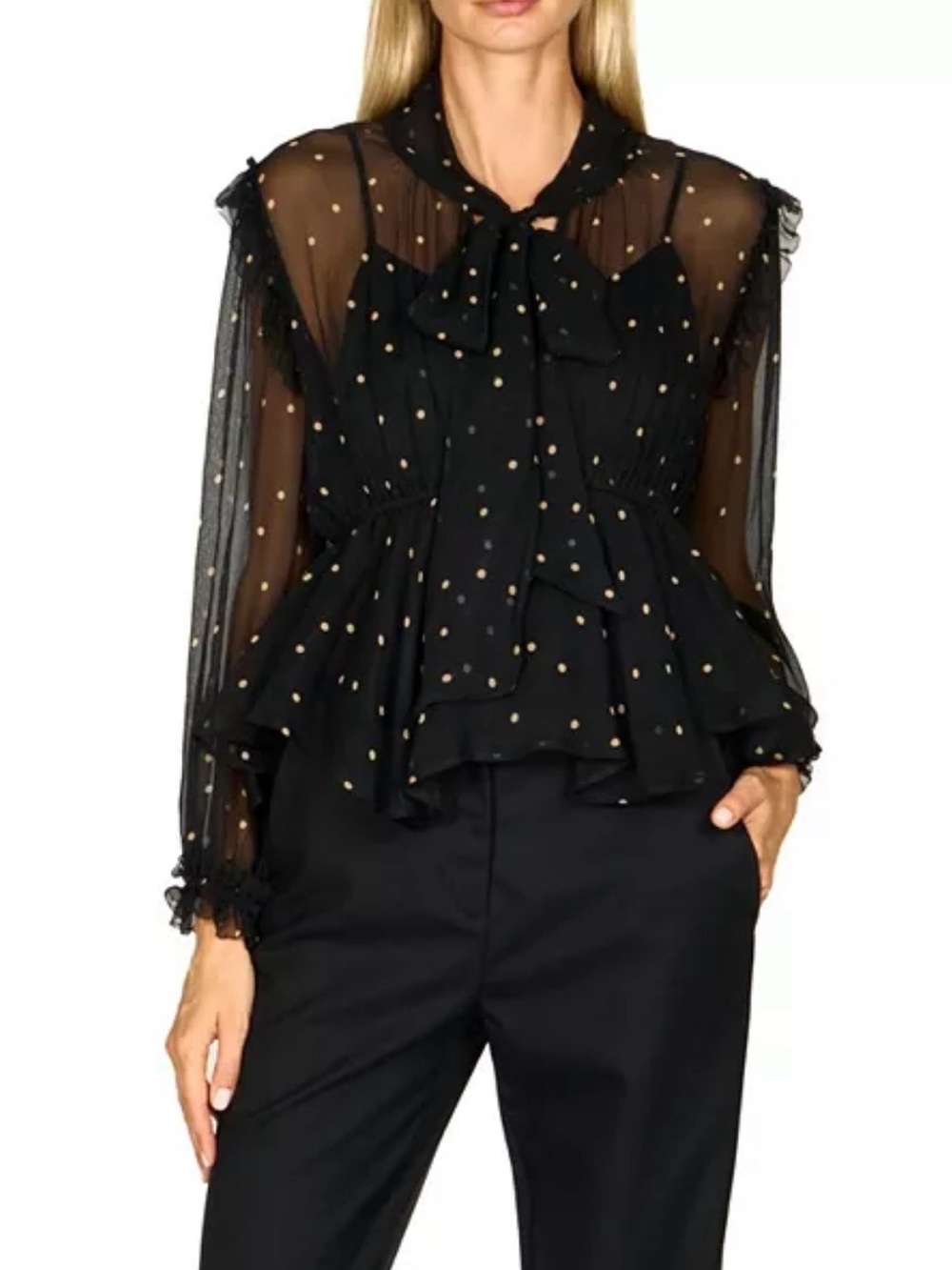 Avelina Black Sheer Polka Dot Bow-Neck Peplum Blouse